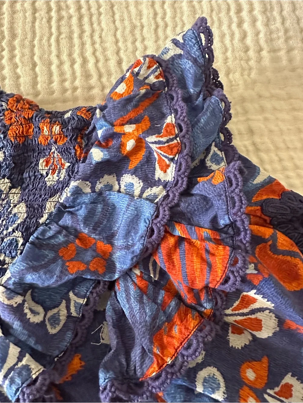 FARM Rio Navy & Orange Floral Lace Puff-Sleeve Blouse